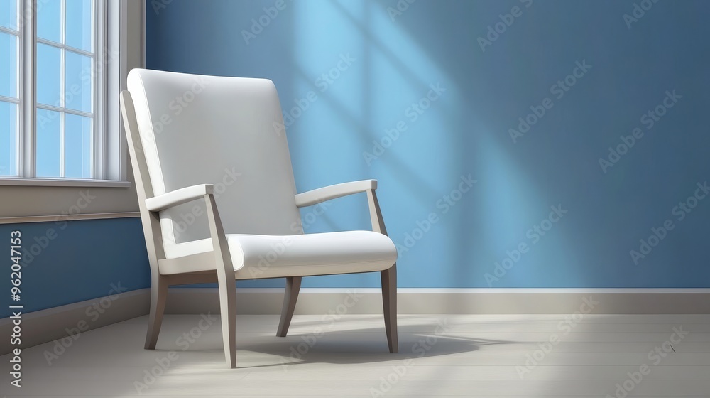 A stylish white armchair in a serene blue room, illuminated by natural light from a nearby window, perfect for relaxation.