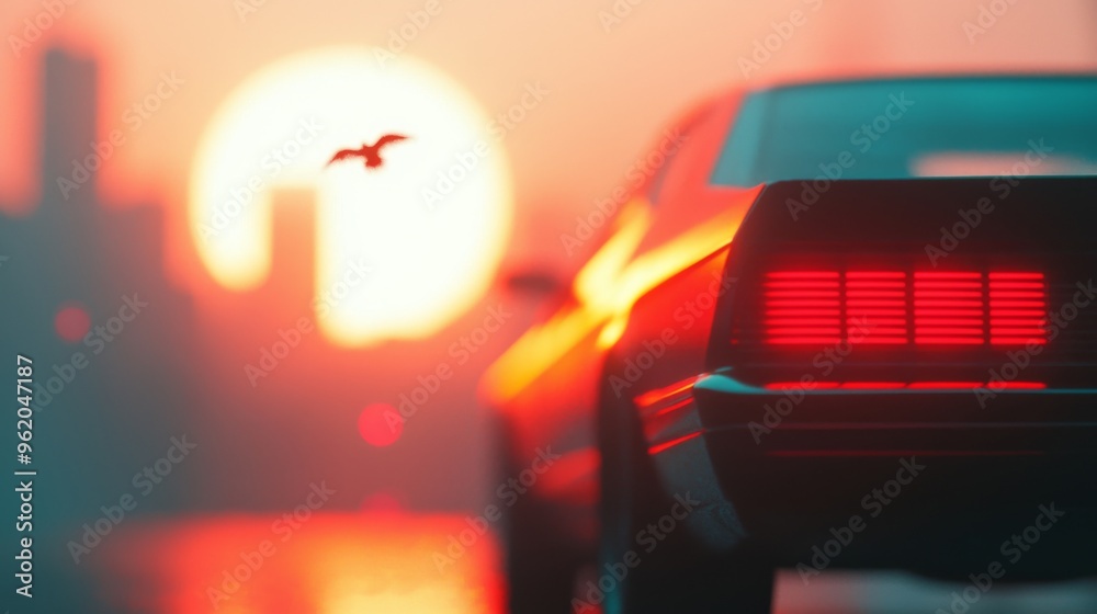 Retro-inspired automobile in a vibrant cityscape at sunset, featuring nostalgic 80s and 90s aesthetics, with buildings and birds enhancing the sci-fi ambiance. Retro-inspired automobile in a vibrant cityscape at sunset, featuring nostalgic 80s and 90s aesthetics, with buildings and birds enhancing the sci-fi ambiance.