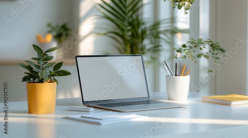 Cozy Green Office Concept Showcasing Minimalist Style: A work Desk with computer, Documents, green plants and Well-Lit Interior. graphic Resources, Illustration, 