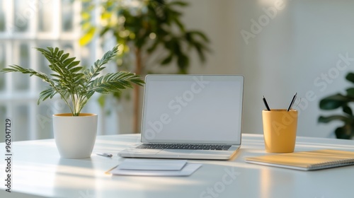 Cozy Green Office Concept Showcasing Minimalist Style: A work Desk with computer, Documents, green plants and Well-Lit Interior. graphic Resources, Illustration, 