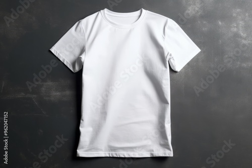 Plain white t-shirt laid flat on a textured gray background, ideal for mockup design. The shirt features a classic crew neck and short sleeves, showcasing