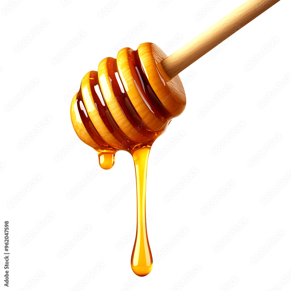 Honey dripping from a wooden dipper isolated on transparent PNG background Honey dripping from a wooden dipper isolated on transparent PNG background