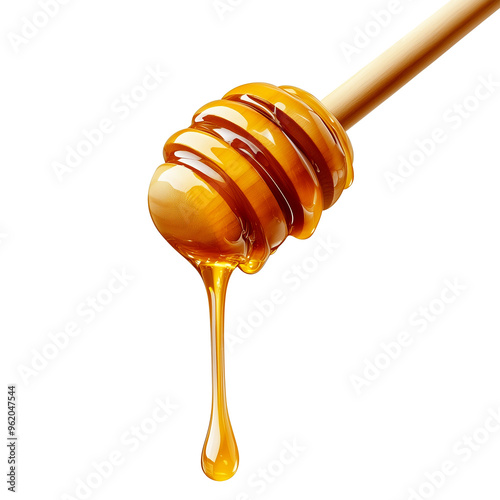 Honey dripping from a wooden dipper isolated on transparent PNG background