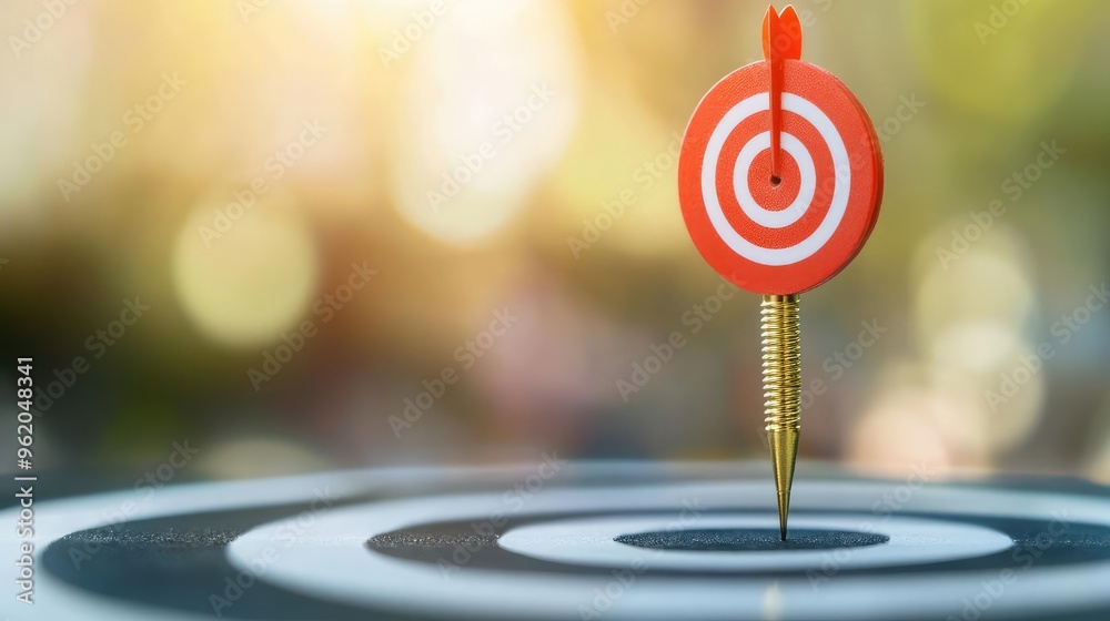 Close-up of a dart hitting the center of a vibrant target, symbolizing achievement and focus in goals and aspirations.