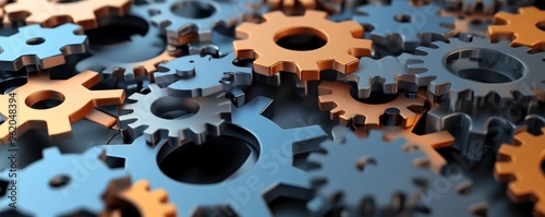 Close-up of interconnected gears showcasing metallic textures and colors, emphasizing engineering and mechanics. photo