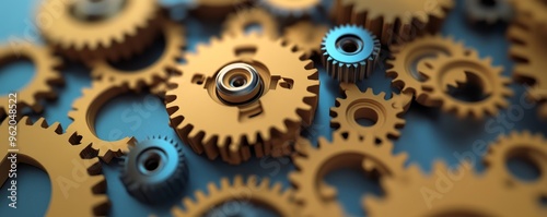 Close-up of intricate gears in a mechanical setting, featuring detailed design and rich colors for industrial applications.