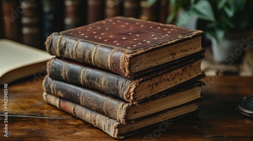 Stack of Antique Leather-Bound Books on Wooden Table