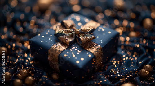 christmas gift box. Blue gift box with gold bow