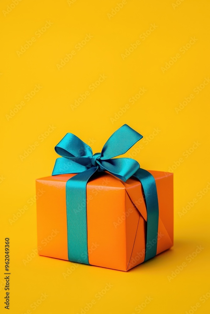 Fototapeta premium Vibrant Orange Gift Box with Blue Ribbon on Yellow Background for Celebratory Design