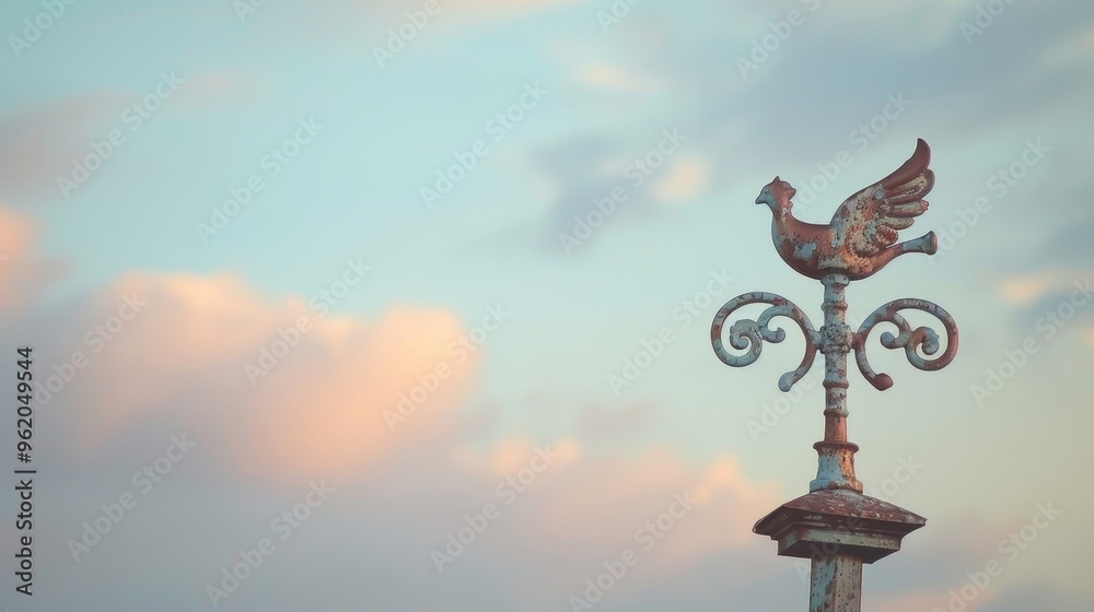 Rustic Weathered Copper Weathervane Against Serene Sky Rustic Weathered Copper Weathervane Against Serene Sky
