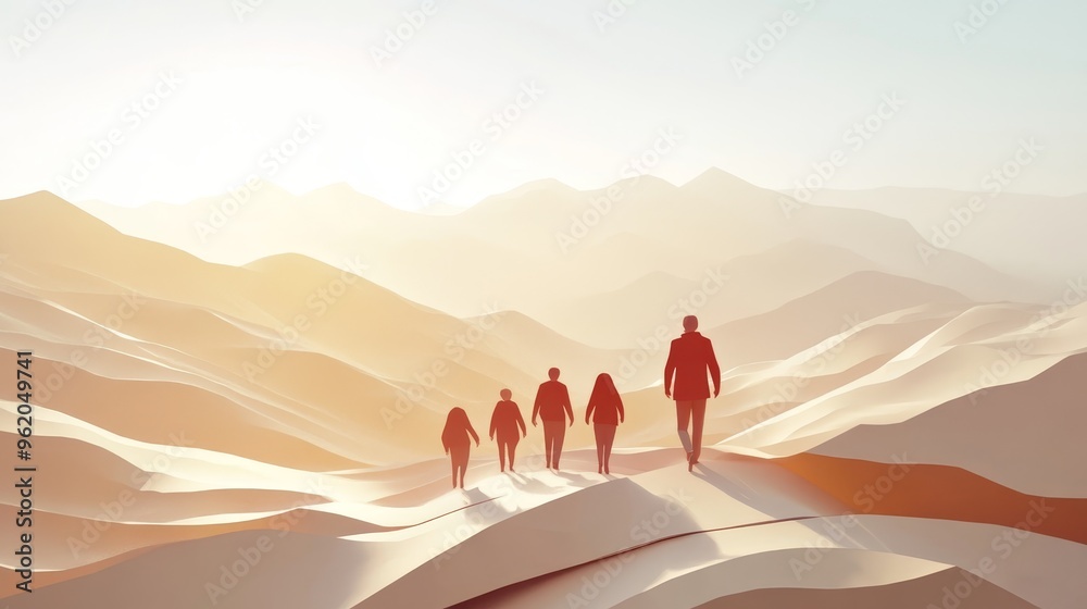 Fototapeta premium Silhouetted figures traverse a serene desert landscape, symbolizing adventure, unity, and the journey of life.
