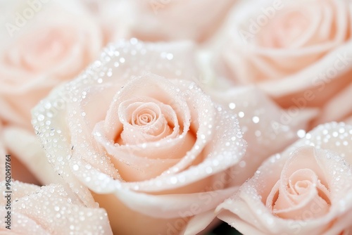 Close-up of many roses covered in shiny diamonds, shimmering and glittery, in a beige color theme.