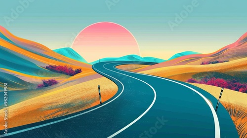 Serene Winding Road into a Colorful Horizon at Sunset