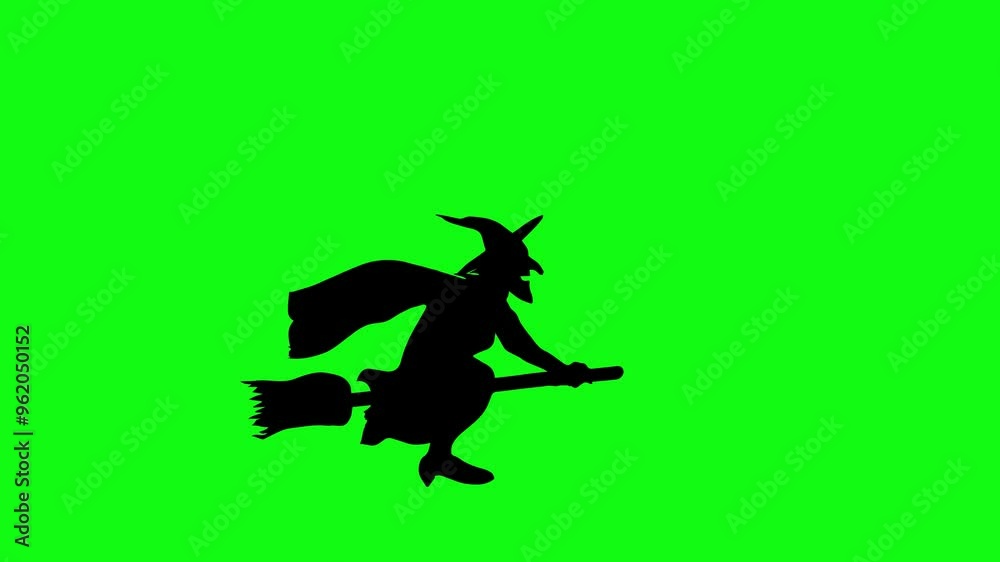 Enchantress silhouette flying on the broom animation on green screen