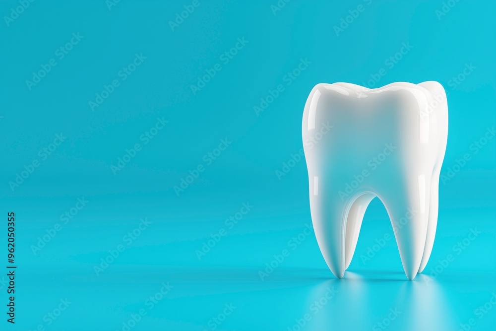 White tooth on a blue background. Dental health concept with copy space.