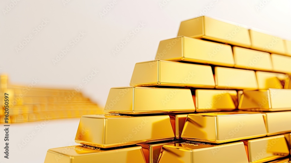 A stack of gold bars is shown in a close up A stack of gold bars is shown in a close up