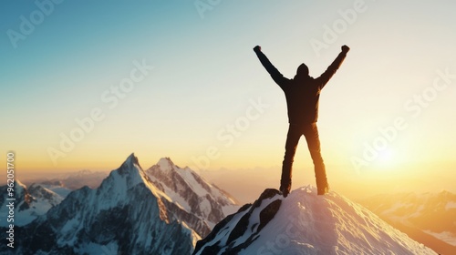 Triumphant Ascent, a person stands victoriously on a snow-capped mountain summit at sunrise, arms raised, surrounded by a breathtaking panoramic view and vibrant sky.