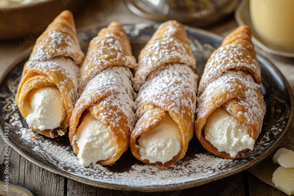 A platter of classic Italian cannoli filled with sweet ricotta and sprinkled with powdered sugar A platter of classic Italian cannoli filled with sweet ricotta and sprinkled with powdered sugar