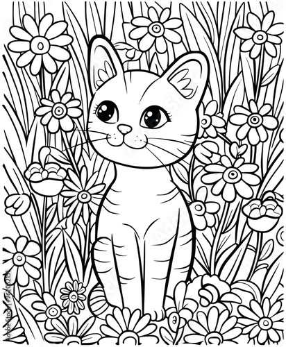 Cat with flowers illustration coloring page - coloring book