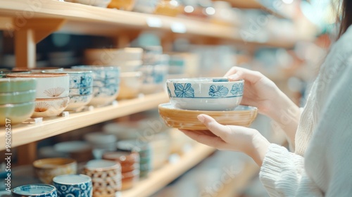 Chinese female tourist selecting traditional ceramic utensil from wooden rack in store on Doguyasuji Shopping Street, Osaka, minimalist background, clean setting, vibrant shopping experience