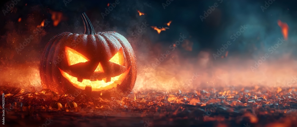A cluster of carved jack o lantern pumpkins glowing in a dark foggy autumn atmosphere creating an eerie festive scene for Halloween and traditions A cluster of carved jack o lantern pumpkins glowing in a dark foggy autumn atmosphere creating an eerie festive scene for Halloween and traditions