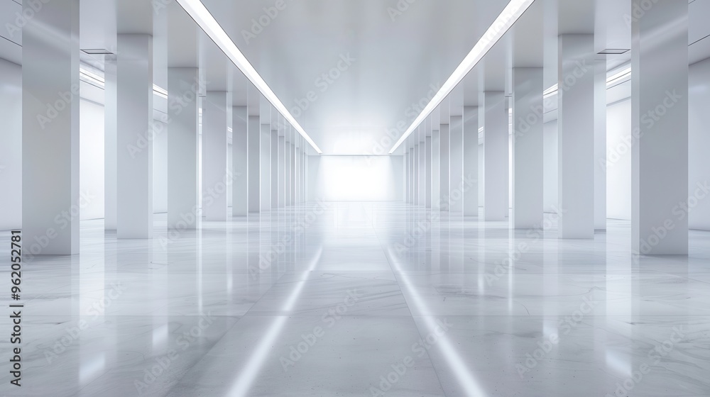 A large, empty, white room with a long, narrow hallway A large, empty, white room with a long, narrow hallway