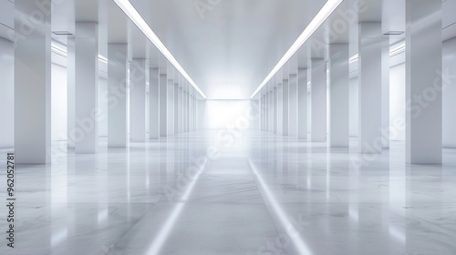 A large, empty, white room with a long, narrow hallway