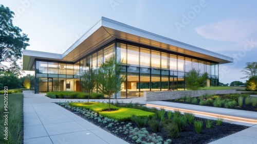 Wallpaper Mural A large building with a glass facade and a large garden in front of it Torontodigital.ca