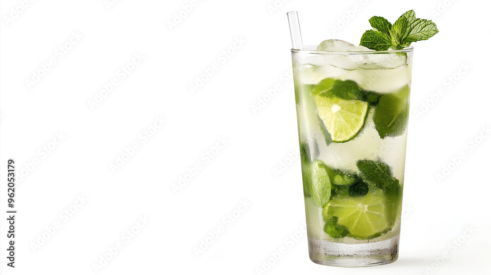ice mojito cocktail in tall glass with tubes isolated on white background ice mojito cocktail in tall glass with tubes isolated on white background