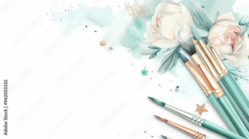 Fototapeta premium A white background with a bunch of paintbrushes and a bunch of flowers