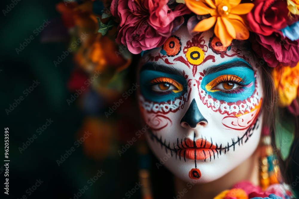 Woman with face paint and a vibrant floral headpiece Woman with face paint and a vibrant floral headpiece