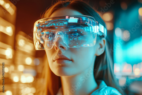 Wallpaper Mural Woman wearing high tech augmented reality glasses. Integration of digital interfaces with real world Torontodigital.ca