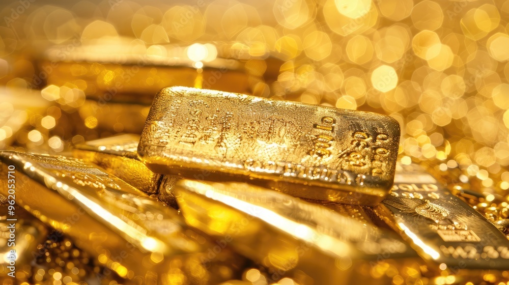 A pile of gold coins with a shiny, reflective surface A pile of gold coins with a shiny, reflective surface