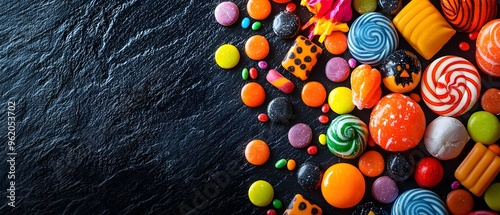 Vibrant and eclectic candy arrangement that perfectly captures the supernatural Halloween theme showcasing a photography concept with ample copy space for text overlay