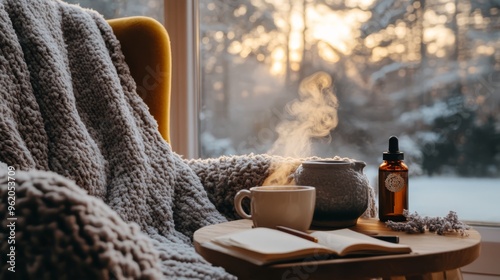 Cozy morning self-care routine featuring a plush armchair, herbal tea, journal, essential oils, and soft winter light filtering through frosted glass