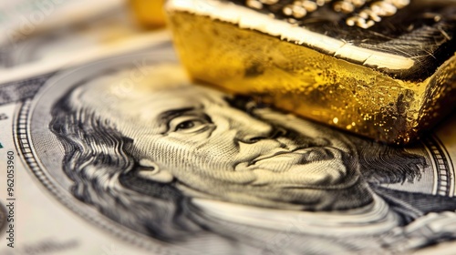 A gold coin sits on top of a dollar bill
