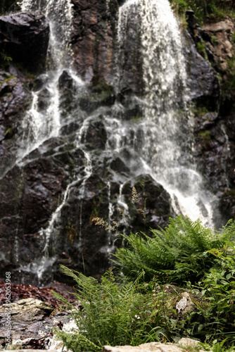 Mountain waterfall. Waterfall in the mountains in summer. Rocks photo