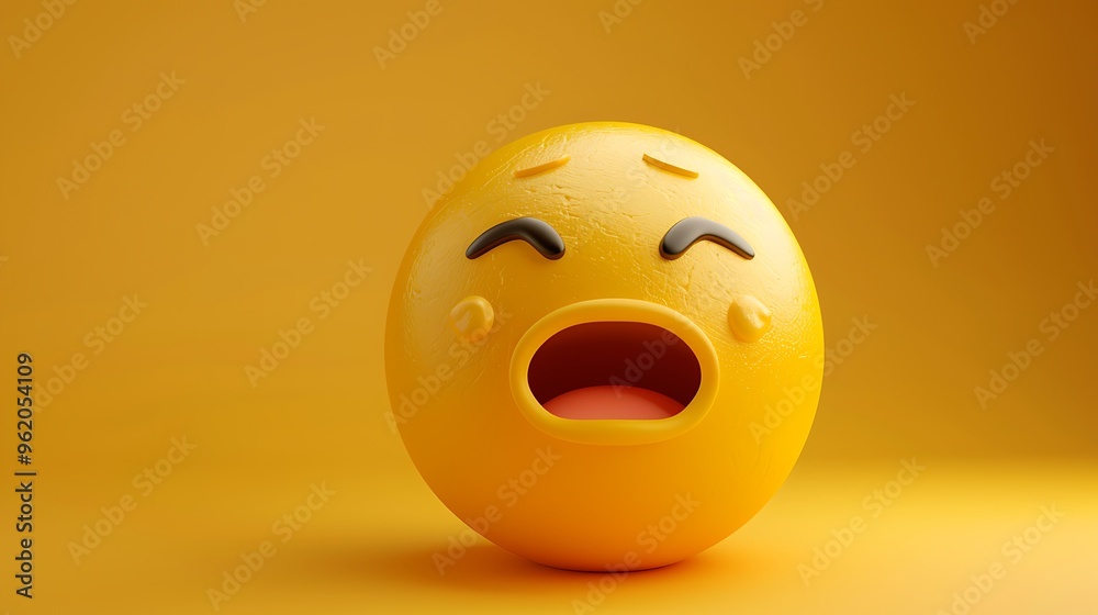 3D yellow emoji feeling sleepy, droopy eyes, yawn, solid yellow gradient 3D yellow emoji feeling sleepy, droopy eyes, yawn, solid yellow gradient