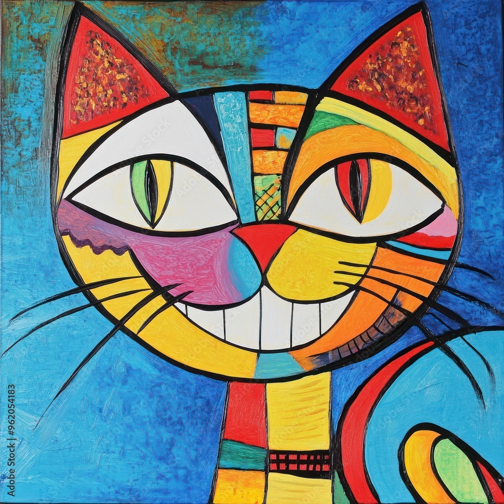 Happy cat with geometric patterns and large smile Happy cat with geometric patterns and large smile