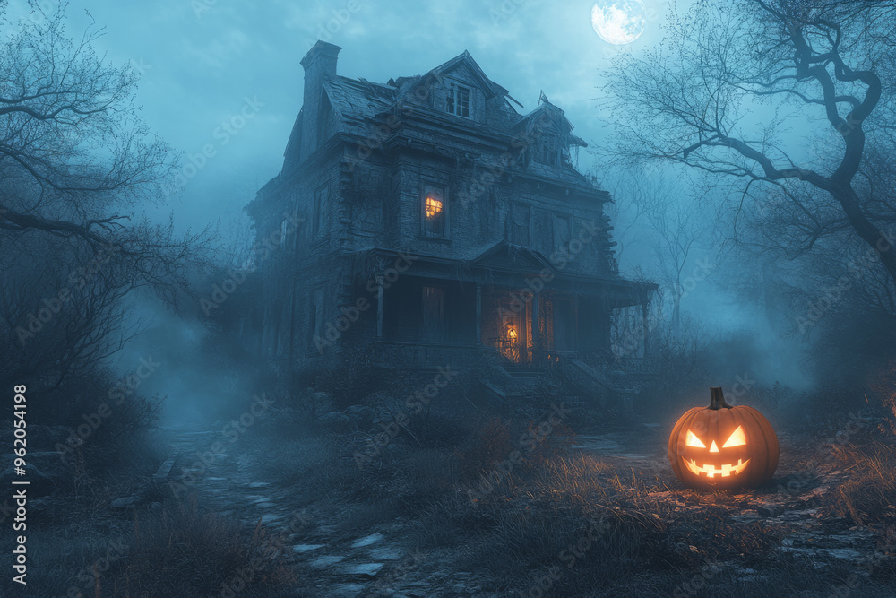 Obraz premium Creepy house in a foggy, moonlit setting with a glowing jack o lantern. Spooky Halloween atmosphere