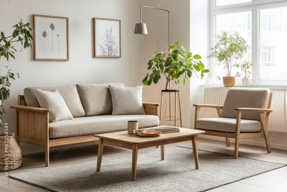 Obraz premium Bright airy living room featuring minimalist scandinavian design with wooden furniture, neutral tones, indoor plants