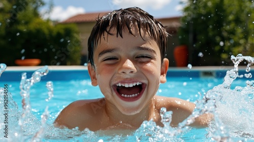 A young boy smiling while swimming in a pool with water, AI photo