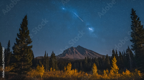 A comet streaked across the starry night sky, with a pine forest below photo
