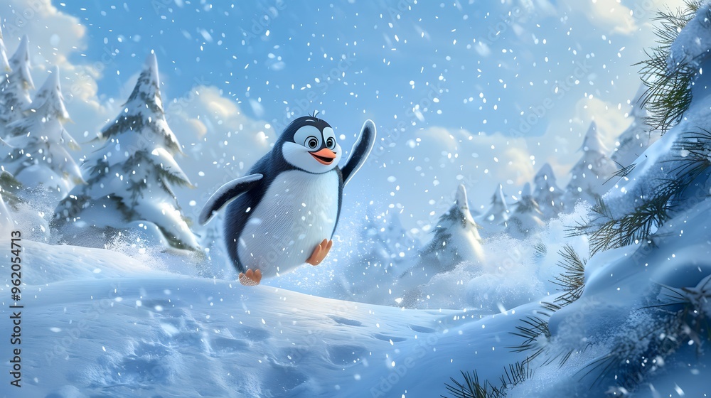 Obraz premium Happy Penguin Waddling in Winter Wonderland
