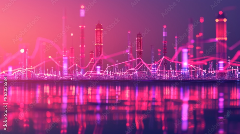Naklejka premium A digital depiction of a futuristic oil refinery skyline at sunset, overlaid with financial graph lines. The vibrant pink and purple tones, combined with the industrial imagery, highlight the