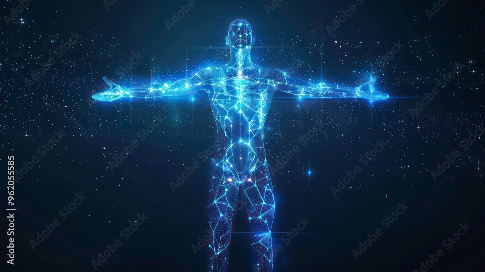 A glowing, abstract human figure formed from connected lines and points of light against a dark background with scattered, glowing points of light. A glowing, abstract human figure formed from connected lines and points of light against a dark background with scattered, glowing points of light.