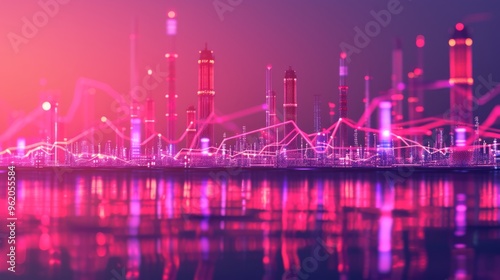 A digital depiction of a futuristic oil refinery skyline at sunset, overlaid with financial graph lines. The vibrant pink and purple tones, combined with the industrial imagery, highlight the photo