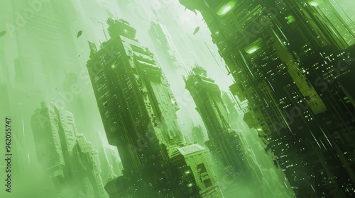 A dramatic view of a futuristic city with towering green skyscrapers enveloped in thick fog. The scene evokes a dystopian atmosphere, highlighting urban density and advanced technology. #962055747