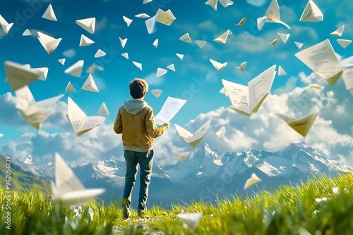 Young Man Holding a Paper in a Mountainous Landscape with Paper Airplanes Flying Around Him. photo