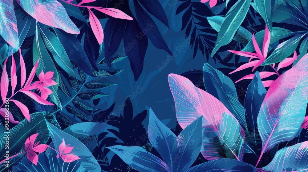 A blue and pink background with green leaves A blue and pink background with green leaves